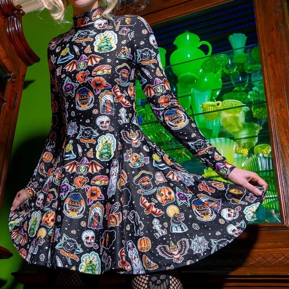 Blackmilk “TATTOWEEN BLACK LONG SLEEVE EVIL MINI SKATER DRESS” Size Medium M NWT - Picture 3 of 16